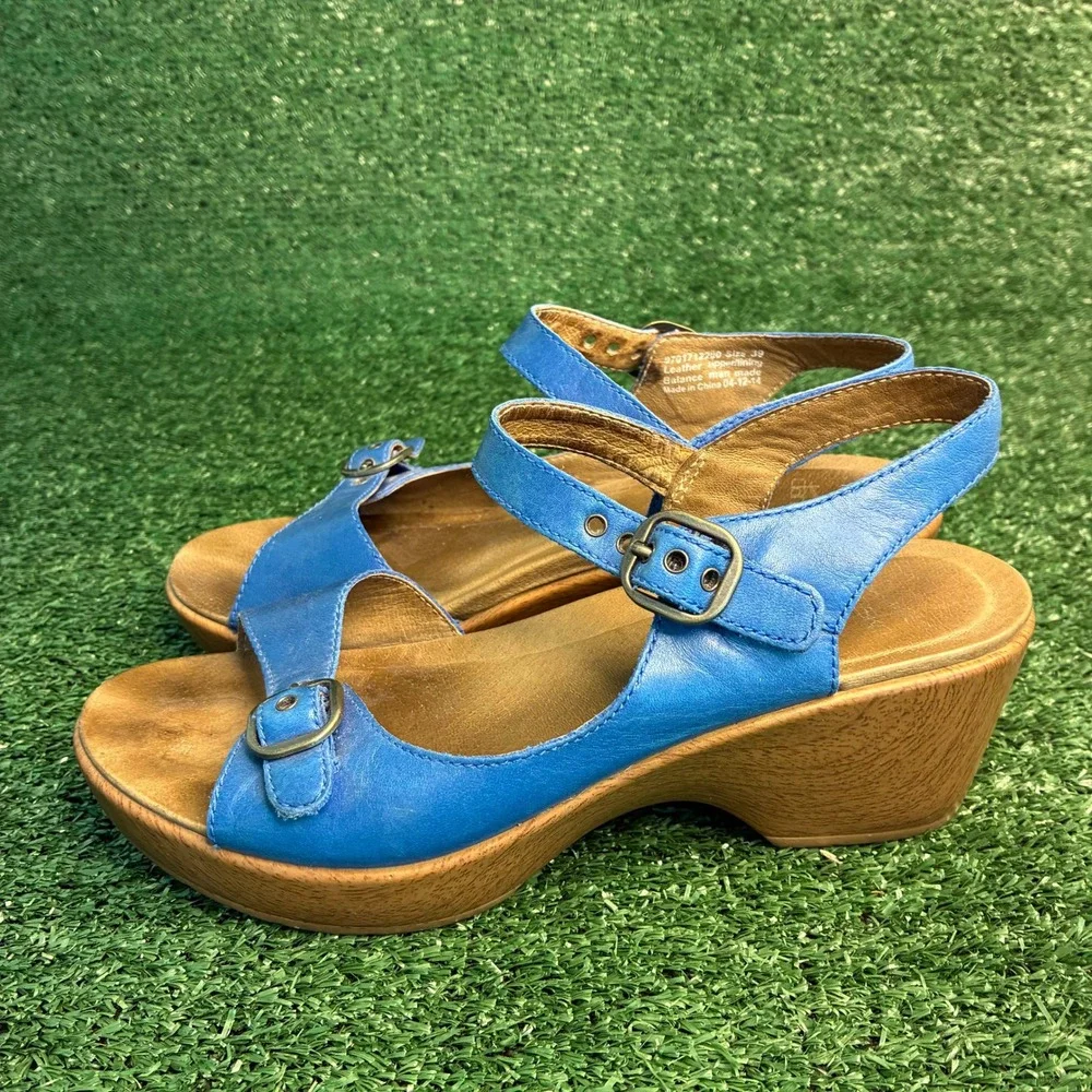 Dansko Thea Clog Leather Buckle Strap Platform Wedge Sandal Blue Womens Sz 8.5-9